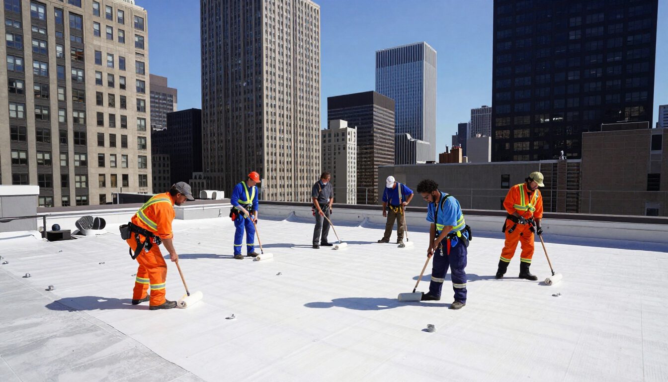 Roofing and waterproofing crew working on a commercial building roof